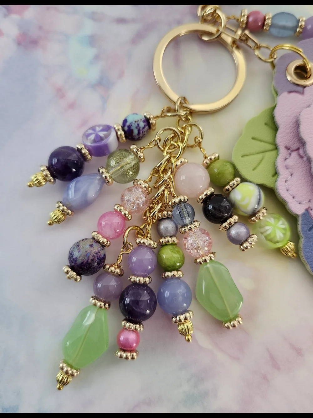 Floral Purse Charm or Keychain Amethyst Rose Quartz Aquamarine  Handcrafted